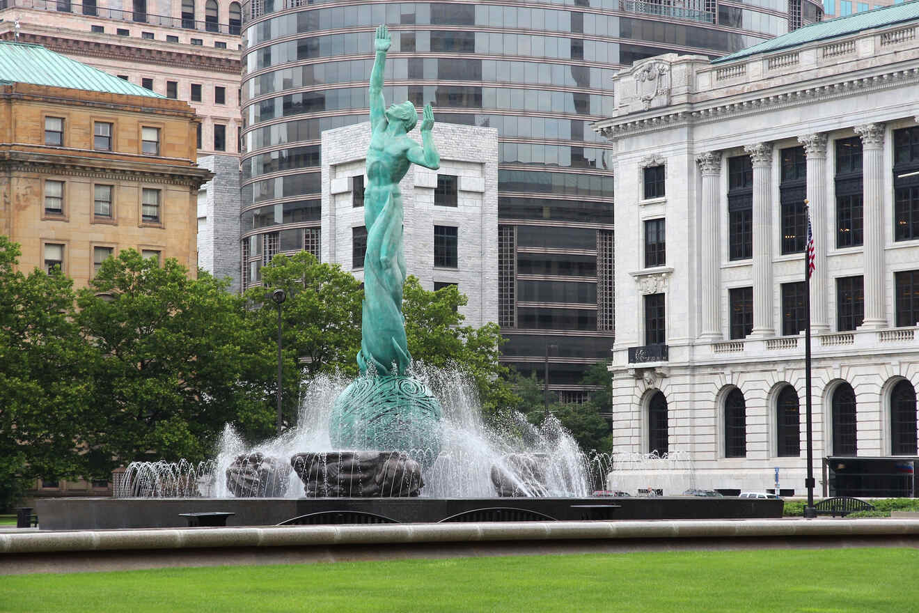 Photo of a statue and water fountain in downtown Cleveland, where to stay in Cleveland for the first time